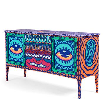 Amara Por Dios, a unique painted sideboard/object, executed in her own studio, 2018.