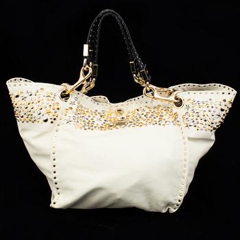 A white leather bag from Jimmy Choo.