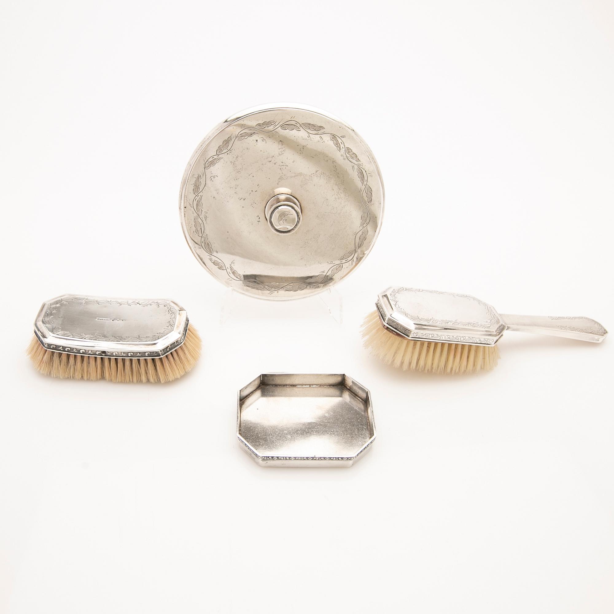 Toilet set, 4 pieces, silver, including one by Carl Petter Lampa, Stockholm 1828. The others mid-20th century.