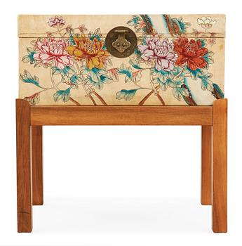 315. A hand painted casket on a walnut stand attributed to Estrid Ericson, Svenskt Tenn, Sweden 1950's.