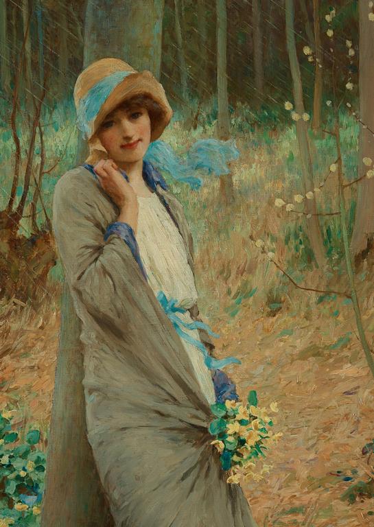 William Henry Margetson, Woman in a Spring landscape.