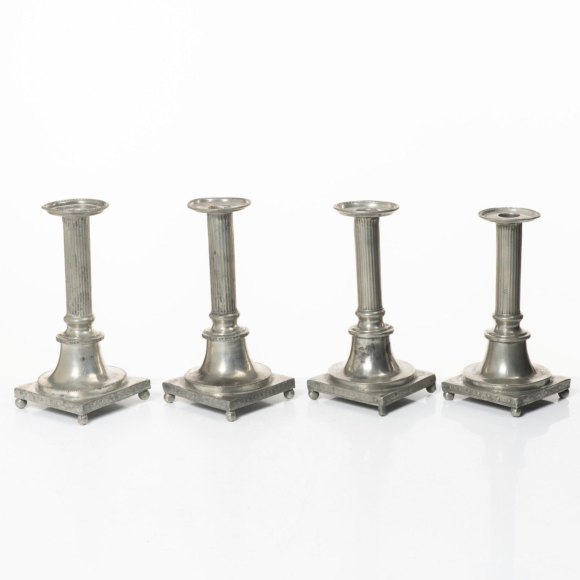Two pairs of late Gustavian Pewter candlesticks by P. Höijer (Örebro 1796-1819).