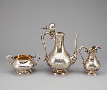 KAFFESERVIS, 3 delar, silver, Gustaf Möllenborg Féron, Stockholm, 1873. Vikt 1255 gram.