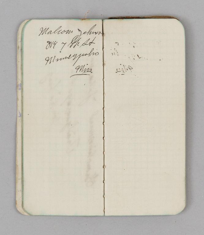 R.M.S. TITANIC THIRD CLASS PASSENGER MALKOLM JOHNSON COLLECTION: NOTEBOOK. Leather and paper 13,5x6 cm. Provenance: Malkolm Johnson. Thence by descent. This notebook is listed on the offical list from the Swedish ministry for foreign affairs.