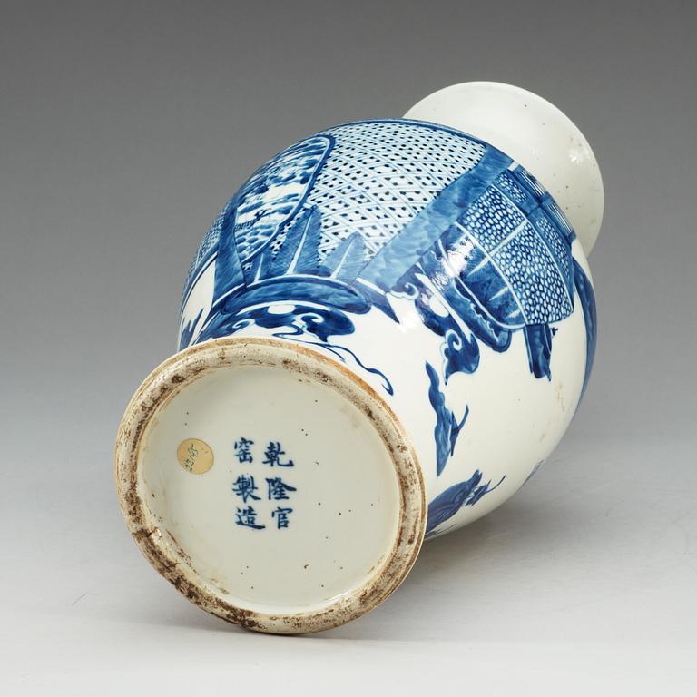 A blue and white vase, Qing dynasty, 19th Century with a six character Qianlong hall mark.