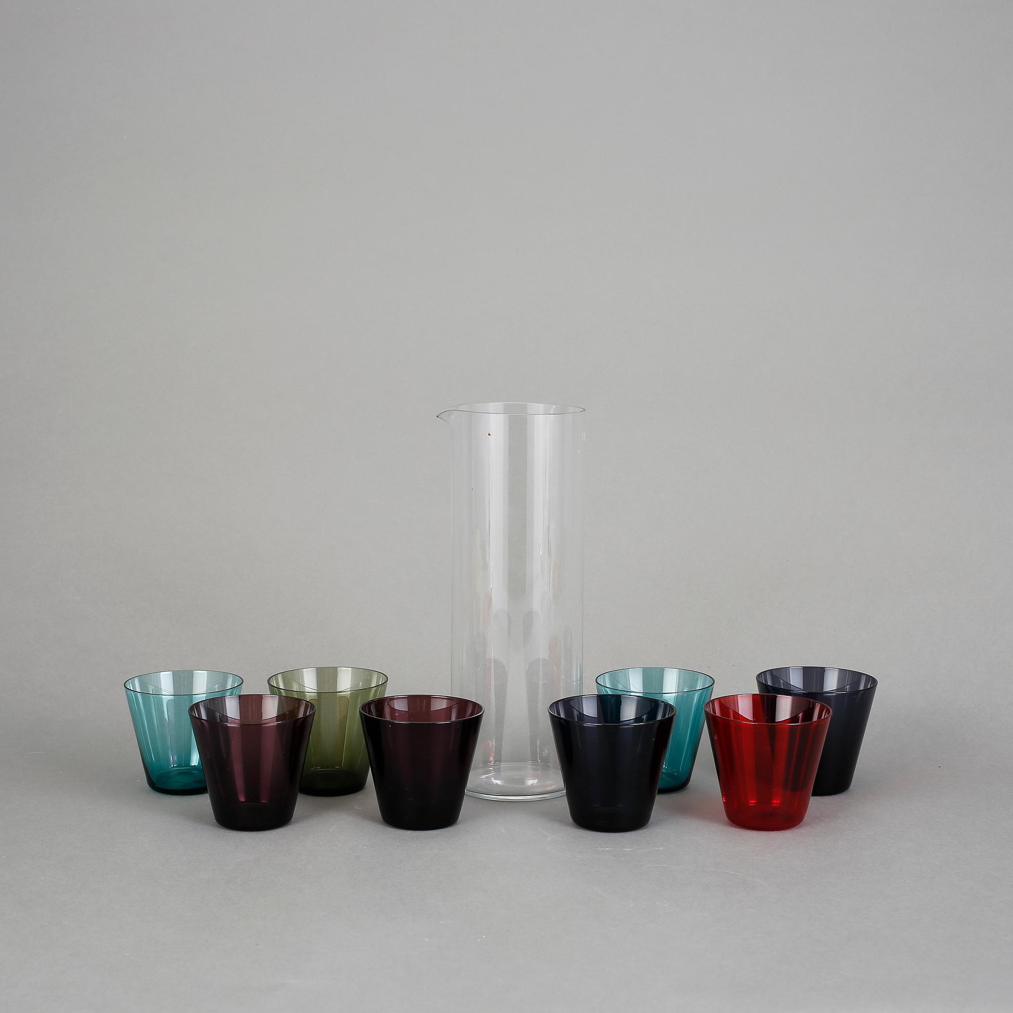 KARAFF och GLAS, 8 st, Kaj Franck, Nuutajärvi, Notsjö, Finland, 1950-tal.