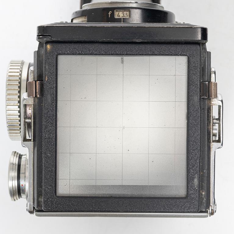 Mellanformatskamera, Rolleiflex, med väska och tillbehör, Franke & Heidecke, 1900-talets mitt, Tyskland.