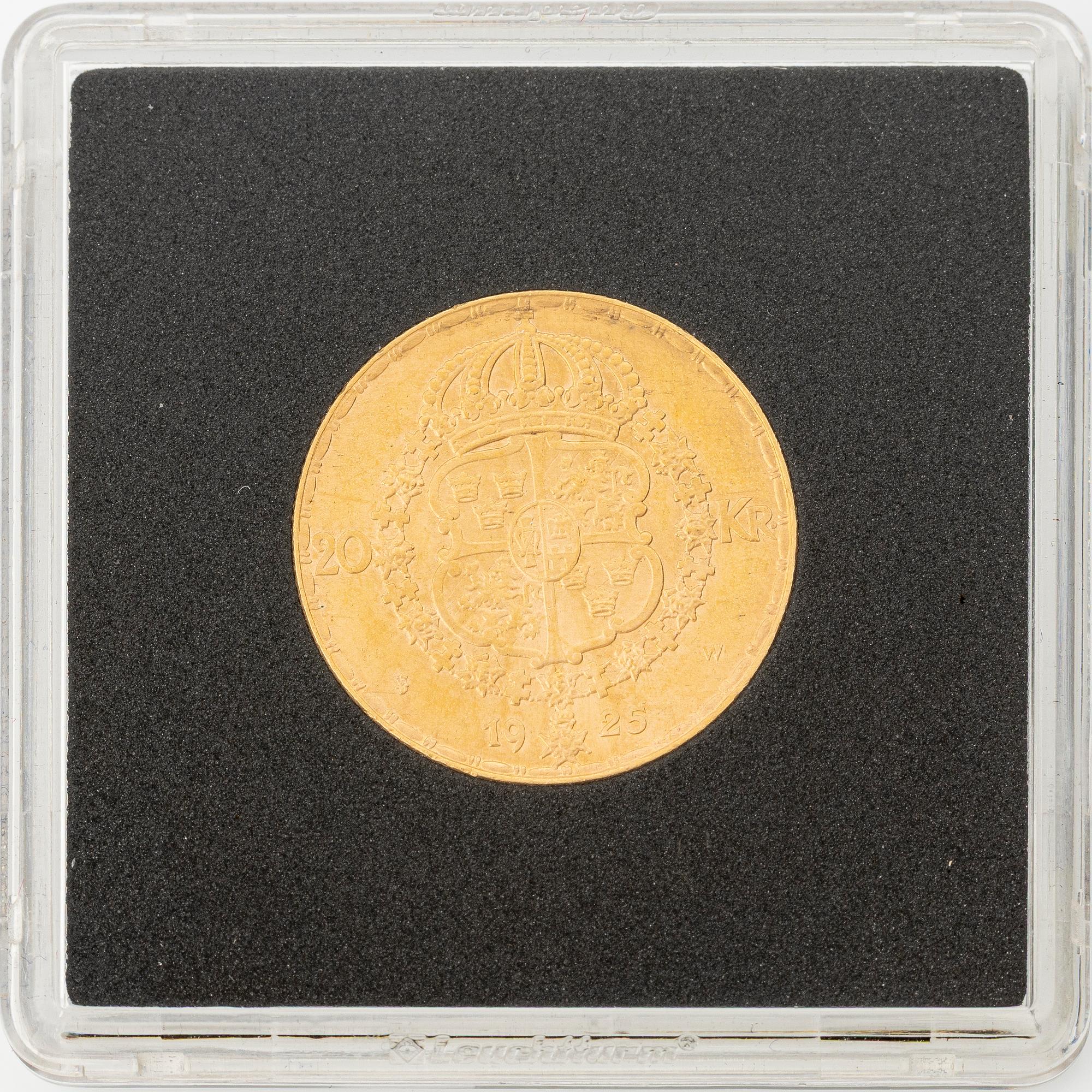 Guldmynt, Gustav V, 20 kronor, Sverige 1925.