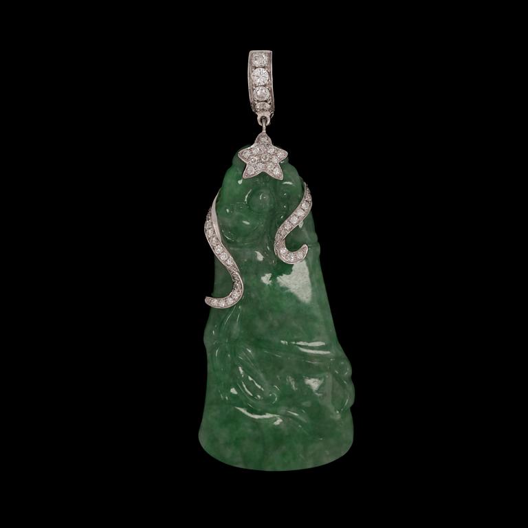 A jade pendant set with brilliant cut diamonds, tot. 0.42 ct.
