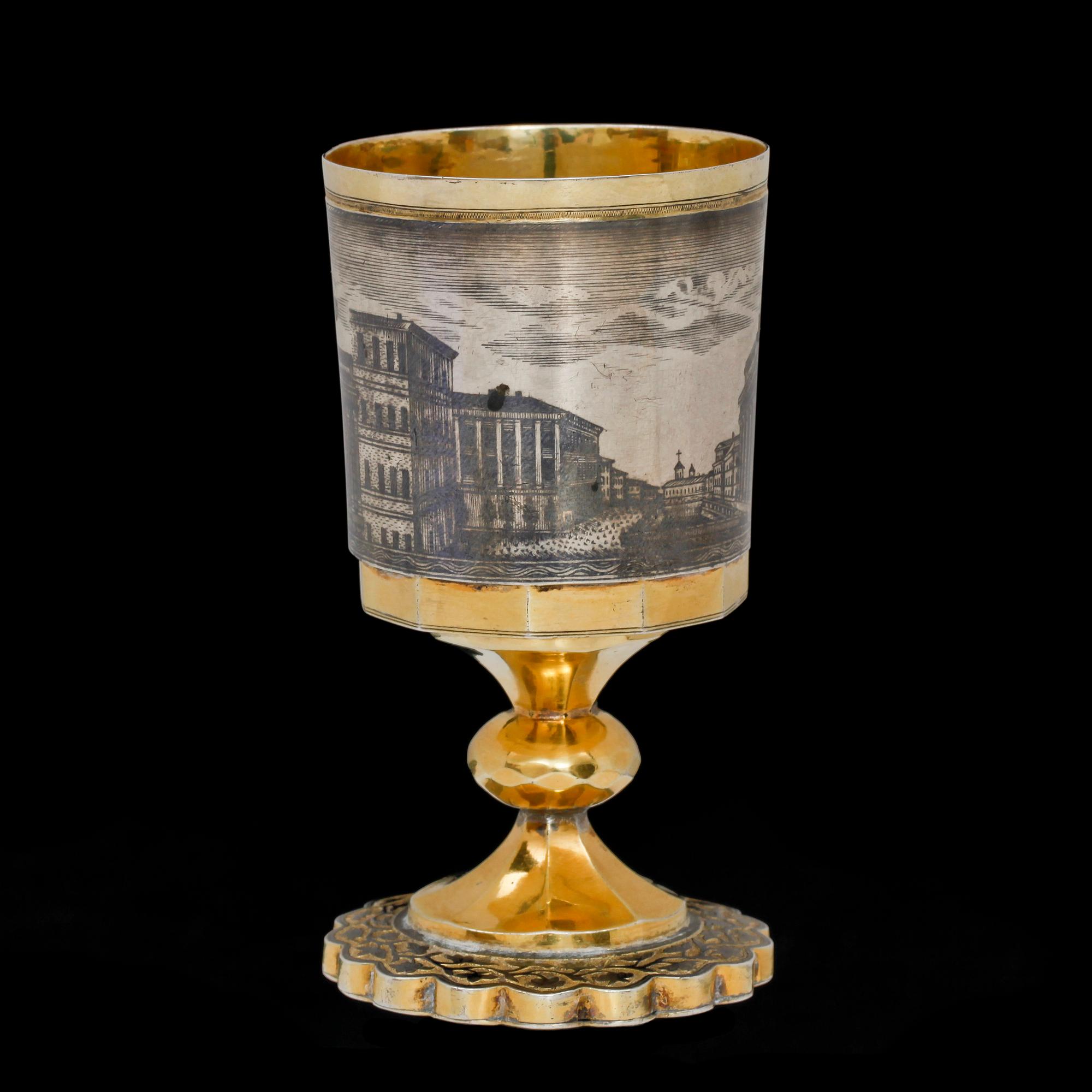 A Russian silver-gilt and niello vodka-cup, makers mark probably of Ivan Sujew, Wologda 1840's.