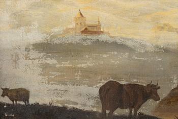 Aelbert Cuyp, follower of., Pastoral coastal landscape with figures and livestock.