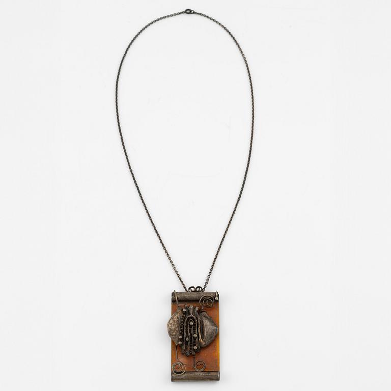 Lars Arrhenius, three pendants and a pair of earrings, sterling silver and enamel, Gothenburg, among others, 1969 and 1972.