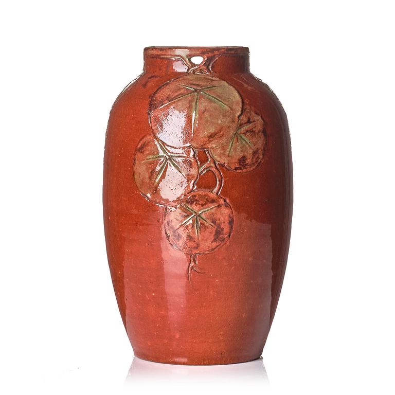 Hilma Persson-Hjelm, a glazed earthenware art nouveau vase, executed in her studio, Arvika, 1908. No 454.