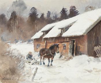Lindorm Liljefors, Winter Scene with Timber Haulers.