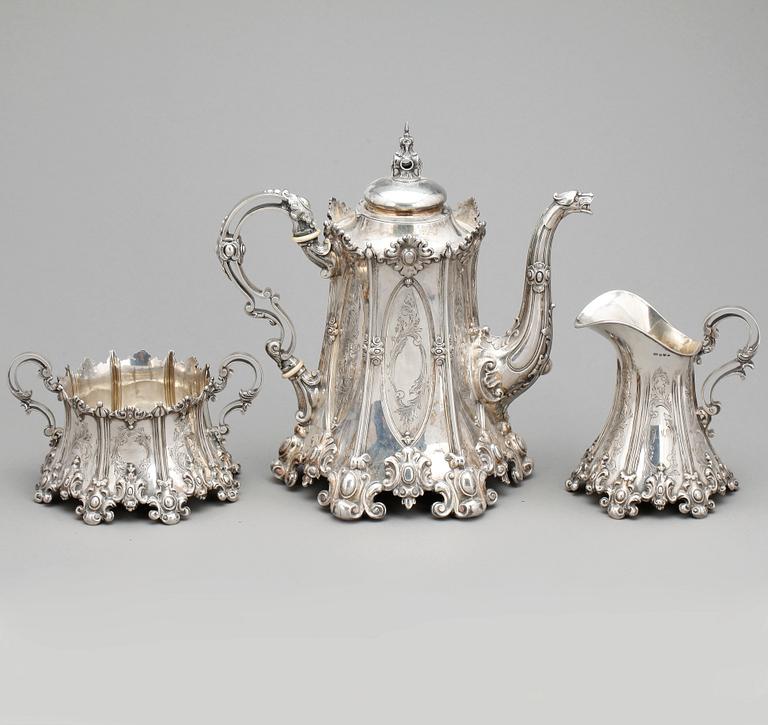 KAFFESERVIS, 3 delar, silver, götisk modell, Lindbäck, Nederkalix 1898. Tot vikt ca 1846 gram.
