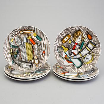 FORNASETTI, tallrikar, 6 st, "Oggetti Caccia", flintgods, Milano, Italien, 1950/60-tal.