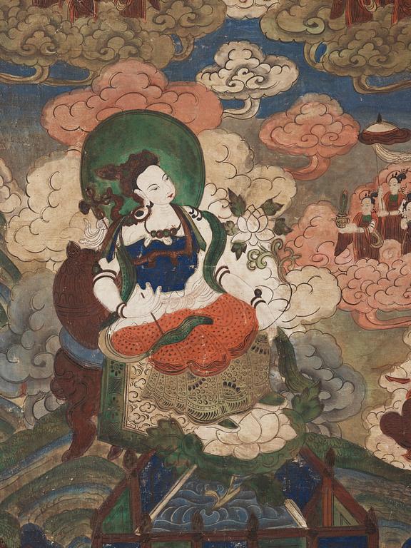 THANGKA (2), Bodhisattvas omgivna av buddhistiskt panteon, Beijing School, 1920-tal.