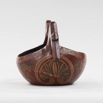 A Norwegian 19th century "Kjenge" painted carved wood ale cup bowl.