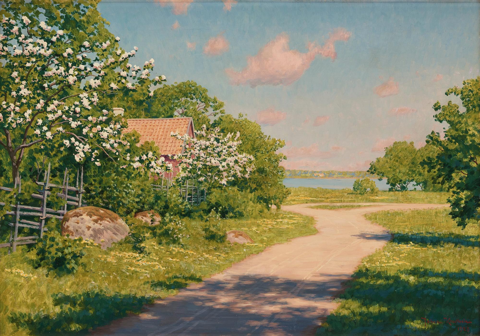 Johan Krouthén, Sommarlandskap med blommande fruktträd.