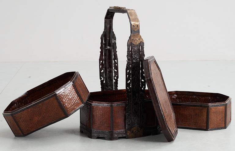 A Chinese 20th century wooden picnic basket.