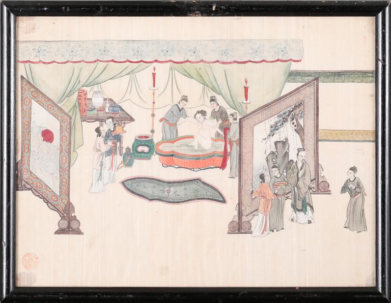 UNKNOWN ARTIST, four silk paintings, 20th century.