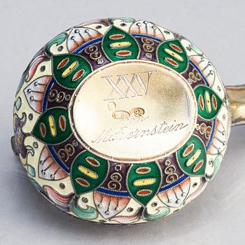 A Russian early 20th century silver and enameled kovsh, mark of the 26th Artel, Moscow 1908-1917.