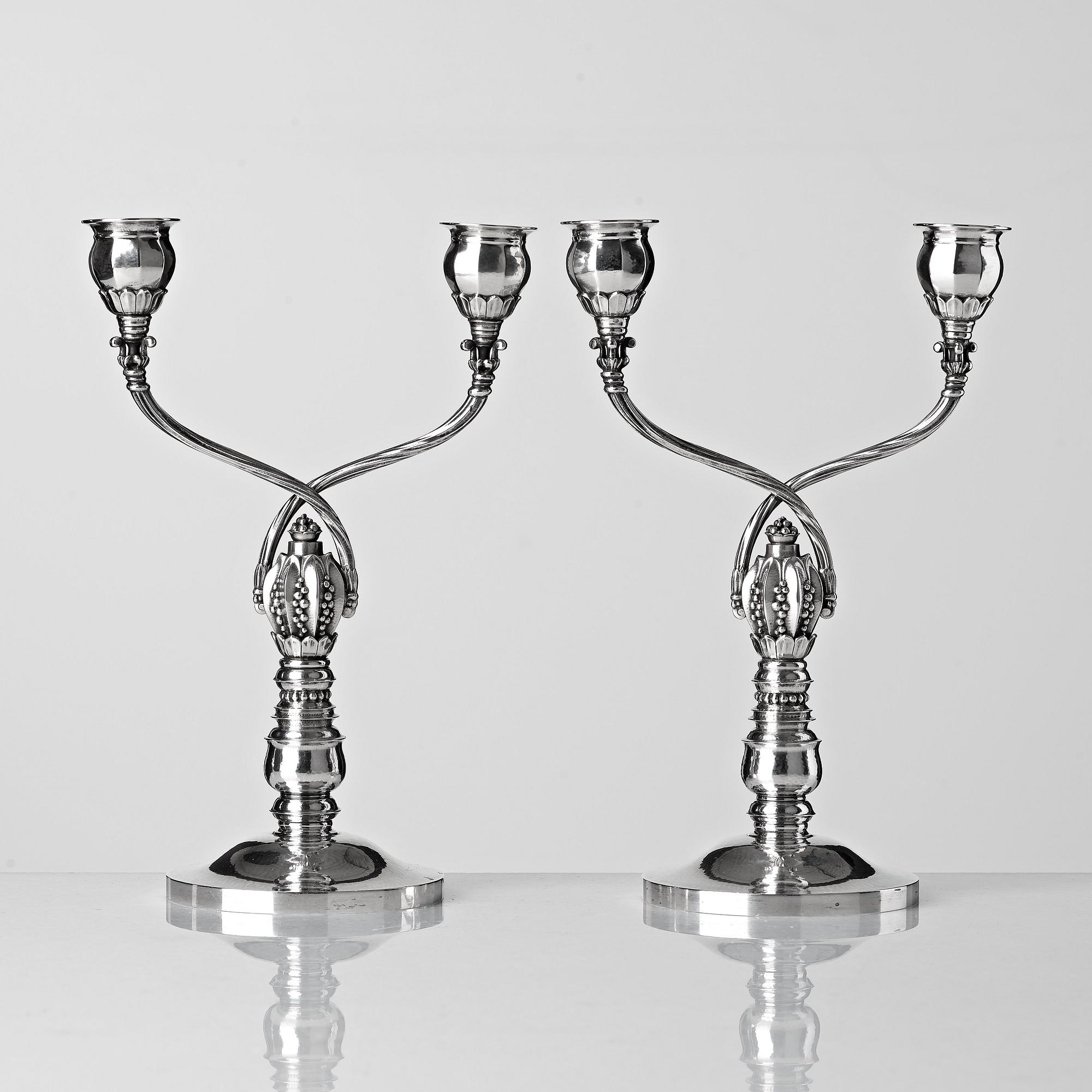 Johan Rohde, a pair of sterling candelabra, design nr 343 for Georg Jensen & Wendel, Denmark 1945-51.