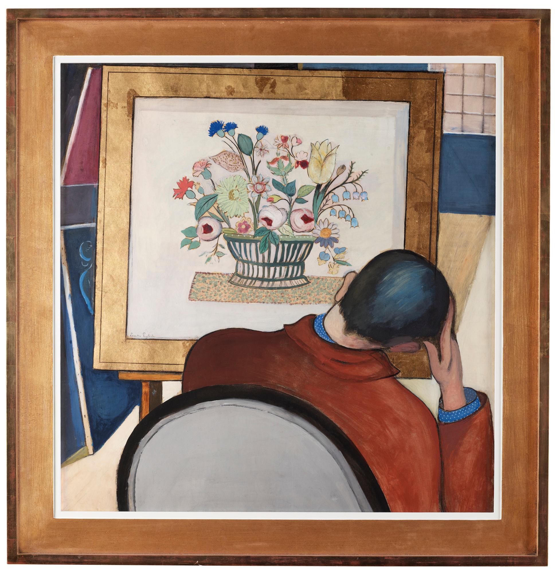 Leander Engström, Self-portrait by flower still life.