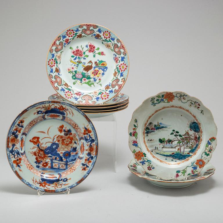 Eight famille rose plates, Qing dynasty, 18th century.