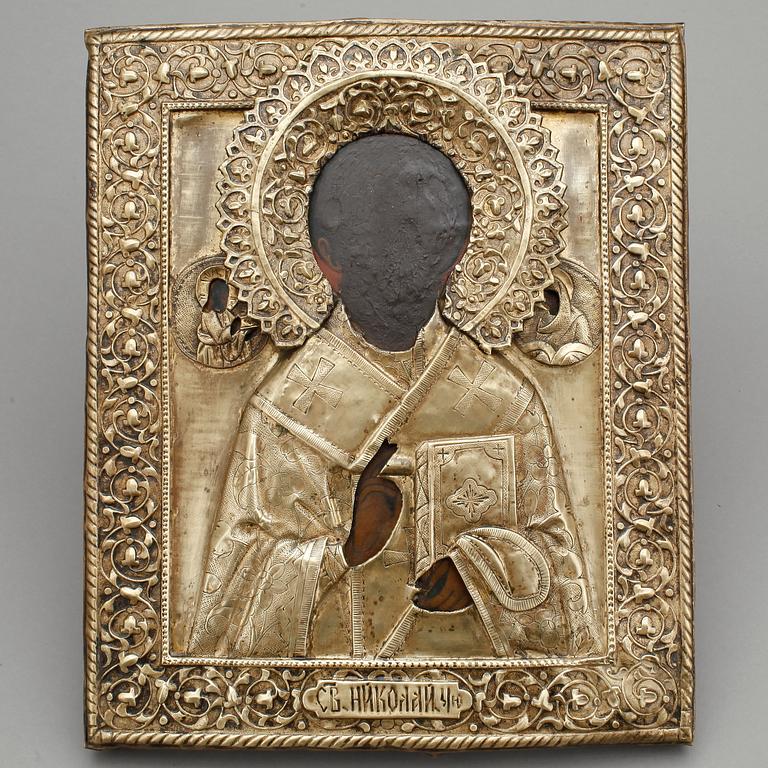 IKON, träpannå med mässingsrizza, sannolikt Ryssland, 1800-tal.