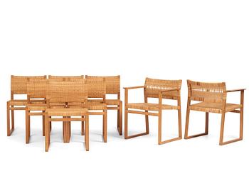 382. Børge Mogensen, a set of six oak and rattan 'BM61' chairs and a pair of BM62, Fredericia, Denmark, 1950s.