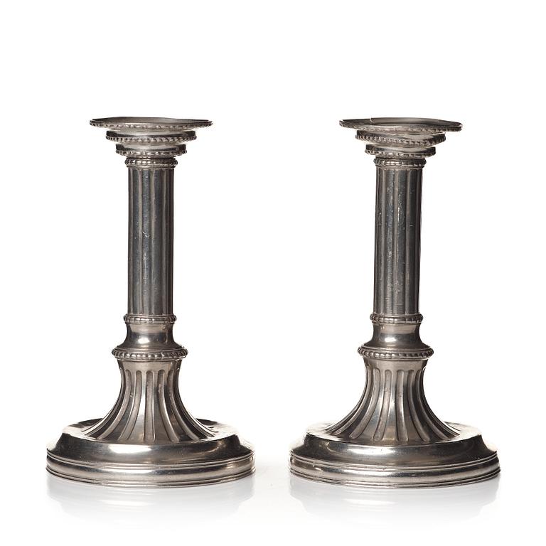 A pair of Gustavian pewter candlesticks by R Ryman 1784.