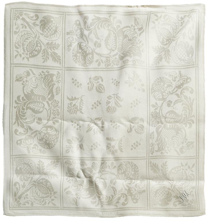 DUK OCH SERVIETTER, 10 st. Linnedamast.  Duken 346 x 147 cm, servietterna ca 58 x 59,5 cm vardera.