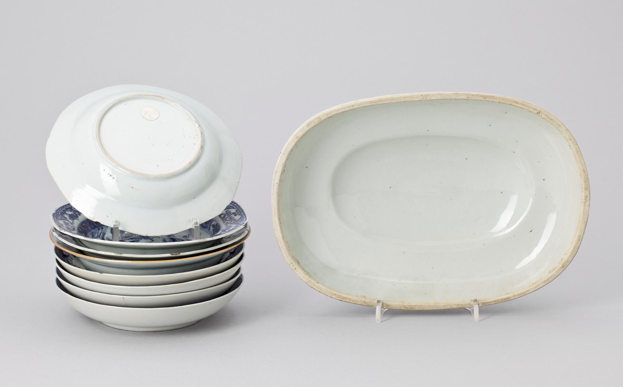 PARTI KOMPANIPORSLIN, 9 delar, mest Qianlong, Kina 1700-tal.