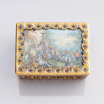 A gold and enamel cagework boîte à miniatures, Louis XV style, late 19th century.