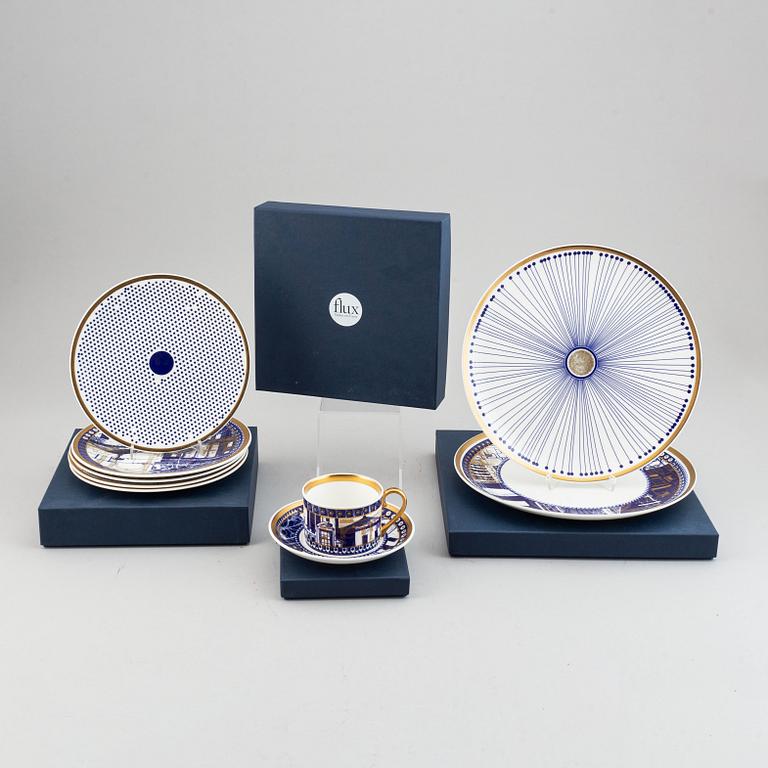 A 24 pcs bone china service from Flux Stoke on Trent, different motives and designers, designed in 2012. England.