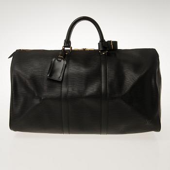 LOUIS VUITTON BLACK EPI LEATHER KEEPALL 50 TRAVEL BAG.