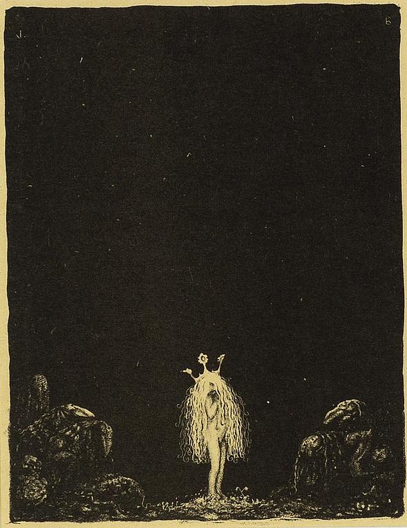 John Bauer, litografi, ur sviten: "Troll", 1915, signerad J B i trycket.