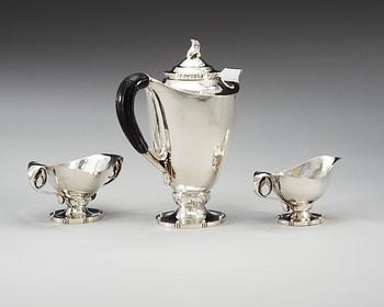 A Georg Jensen three pieces of 830/1000 silver coffee service, Copenhagen 1919-20.
