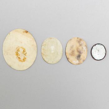 MINIATURES, 4, 18th Century. Gouache on bone, enamel on metal.