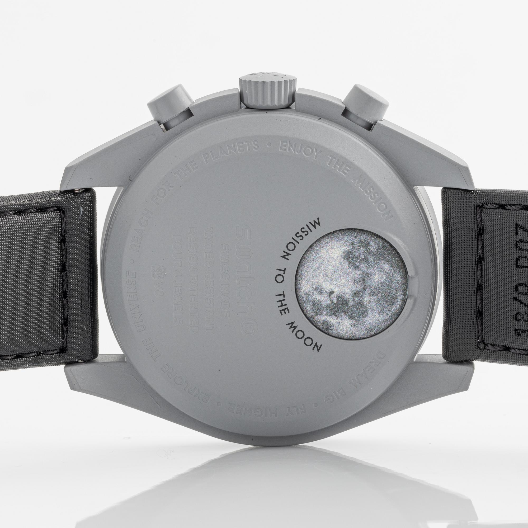 Swatch/Omega, MoonSwatch, "Mission to the Moon", chronograph, wristwatch, 42 mm.