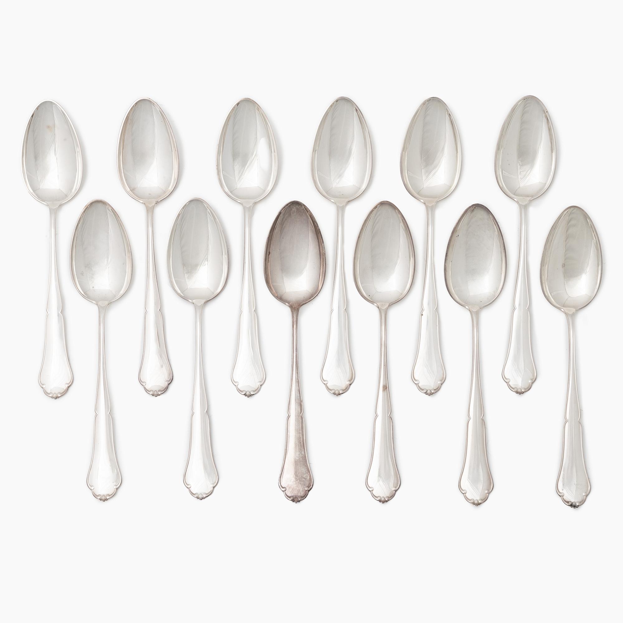 Bordsskedar, 12 st, silver, modell Viktoria, Suomen Kultaseppä Oy, Åbo, Finland 1949.
