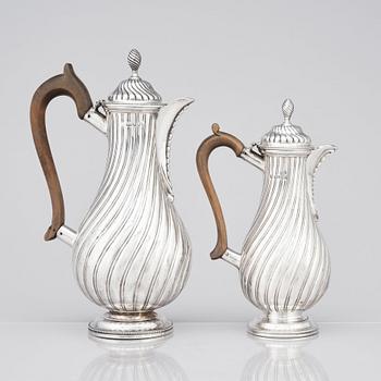 A Victorian silver coffee pot and a milk pot, Martin Hall & Co Ltd, London 1878 and Charles Stuart Harris, London 1877.