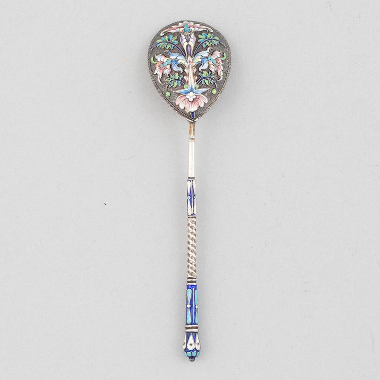 A Russian silver and enamel spoon, Moscow, 1908-26.