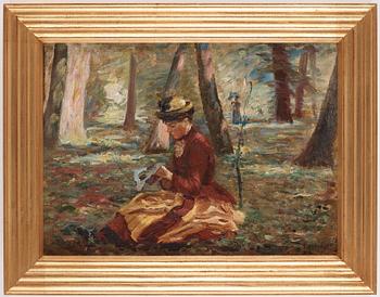 Carl Emil Lund, Woman knitting in the park.