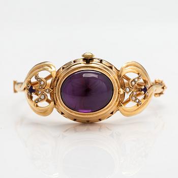 Armband/armbandsur, örhängen och brosch, 18K guld, ametister, syntetiska korunder och odalde pärlor.