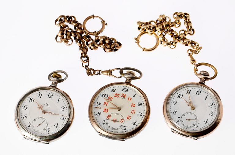 FICKUR, 3 st, silver, Omega och Sola, tidigt 1900-tal.