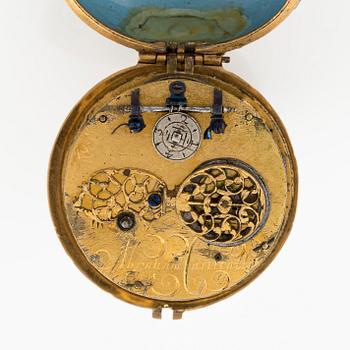 Abraham Cailliatte, a 17th century gold and enamel pocket watch, the case attributed to Pierre I Huaud.