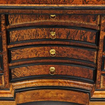 A Swedish burr-elm late baroque writing cabinet, first part 18th century.