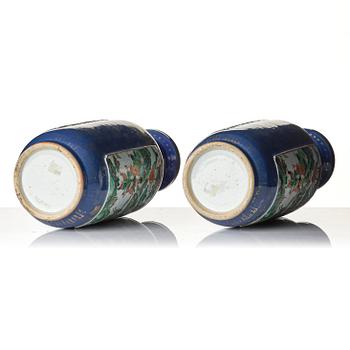 A pair of famille verte and powder blue 'roleau' vases, late Qing dynasty.